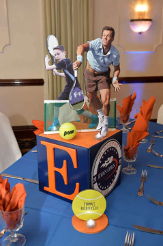 Tennis Themed Bar Mitzvah Centerpiece with Custom Logo, Initial & Cutout Toppers