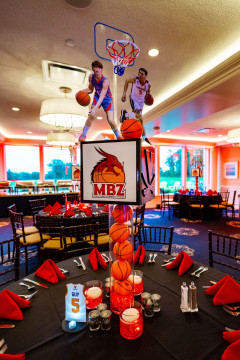 Custom Cube Centerpieces with Player Toppers  on Cylinders with Mini Basketballs for Basketball Themed Bar Mitzvah