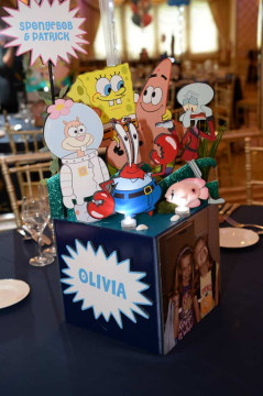 Comic Themed Photo Cube Centerpiece with Themed Toppers