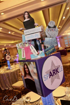 Shopping Themed Centerpiece with Photo Cutouts & Props on LED Base for Everything Girl Themed Bat Mitzvah