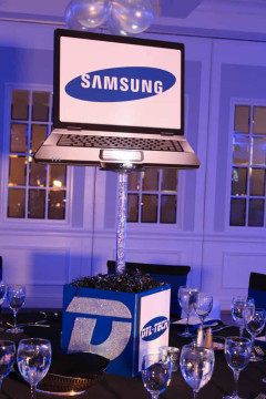 Technology Themed Bar Mitzvah Centerpiece with Blowup Computer & Logos