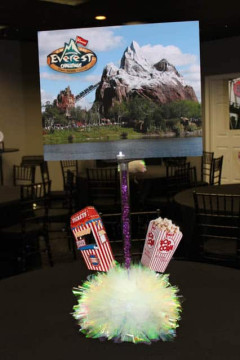Roller Coaster Themed Centerpiece with Blowup Photo & Popcorn & Ticket Booth Cutouts