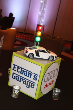 Car Themed Bar Mitzvah Centerpiece with Model Car Topper & Traffic Light