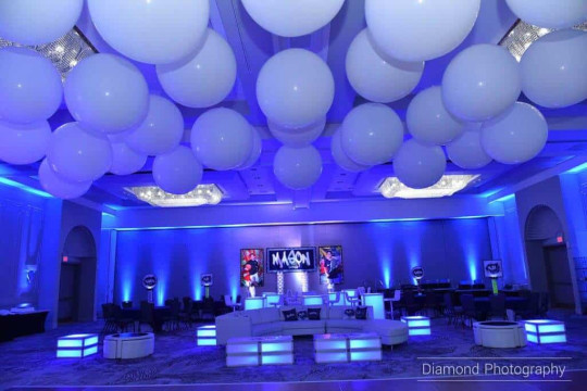Royal Blue Uplighting with White Ceiling Balloon Treatment & Custom Logo Backdrop at the Marriott Park Ridge