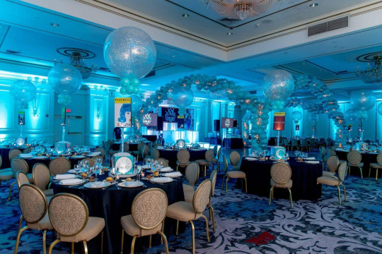 Broadway Themed Bat Mitzvah with Turquoise Uplighting and Balloon Wrap Around Dance Floor at the Pearl River Hilton