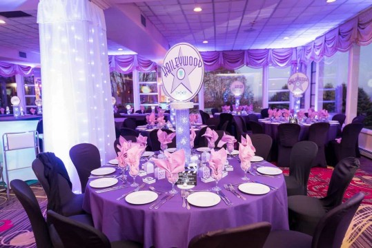 Hollywood Themed Bat Mitzvah Centerpiece with Custom Logo & Lavender Gems at The Eagles Nest