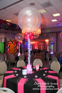 Pink Sparkle Balloon & Aqua Gems Centerpiece with LED Lights for Bnai Mitzvah