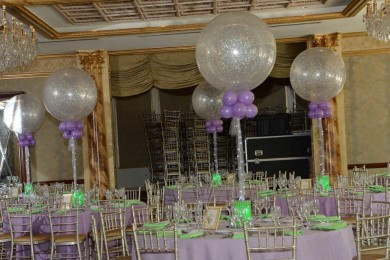 Silver & Lavender Sparkle Balloon Centerpiece with Lime Aqua Gems & LED Lighting