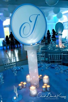 LED Logo Centerpiece with Aqua Gems on Cylinder and Candles
