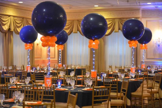 Bar Mitzvah Centerpiece with Aqua Gems, LED Lights & Large Navy & Orange Balloons