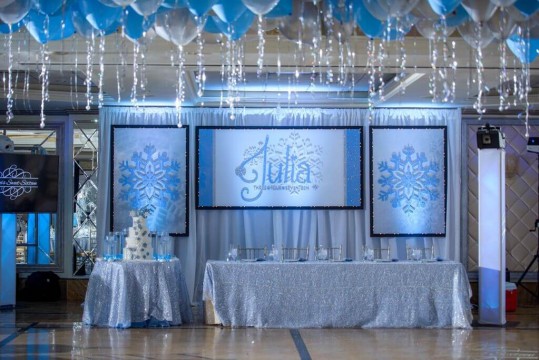 Custom Logo Backdrop and Blowup Snowflakes for Winter Themed Sweet Sixteen