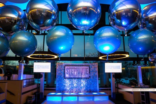 Bat Mitzvah Backdrop with Glittered Name & Date & Blue LED Balloon Bubble Wall