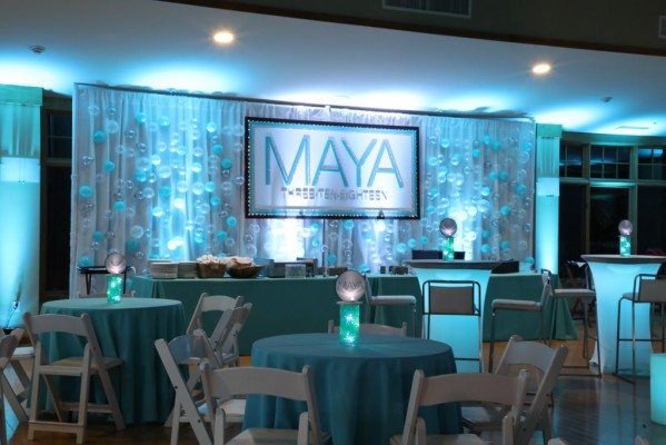 Club Themed Backdrop with Custom Logo & LED Balloon Wall Display at Temple Bet Am Shalom