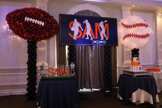 Sports Themed Backdrop with Custom Logo & Football & Baseball Balloon Sculptures