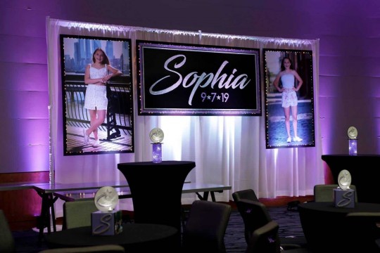 Galaxy Themed Bat Mitzvah Backdrop with Blowup Photo on LED Curtain