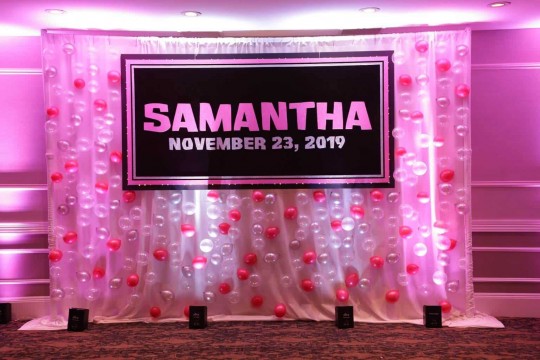 Bat Mitzvah Backdrop with Glittered Name & Date & Pink LED Balloon Bubble Wall