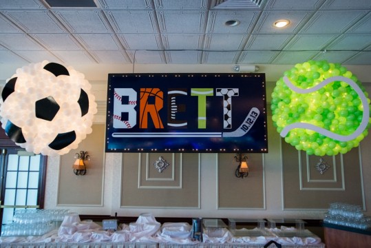Sports Themed Backdrop with Soccer & Tennis Ball Balloon Sculptures