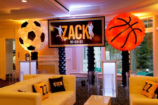 Custom LED Logo Backdrop on a Balloon Base and Sports Balloon Sculptures for Bar Mitzvah Decor
