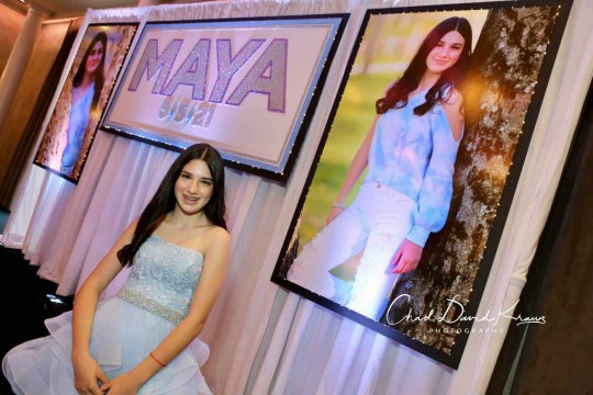 Backdrop with Blowup Photos on LED Curtain for Bat Mitzvah Lounge Decor