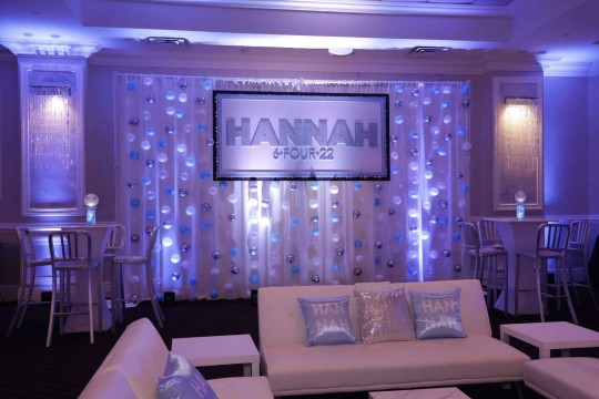Custom Glittered Backdrop with Light Blue Bubble Wall for Bat Mitzvah at the Wilshire Grand, West Orange