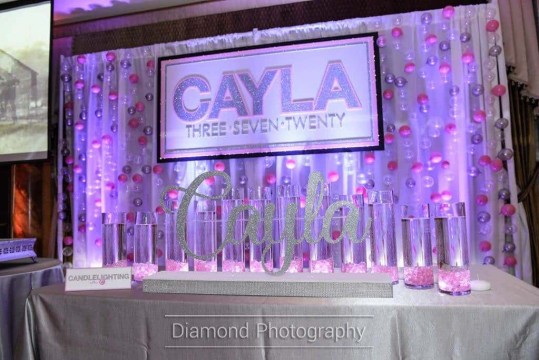 Bat Mitzvah Backdrop with Glittered Name on LED Balloon Bubble Wall