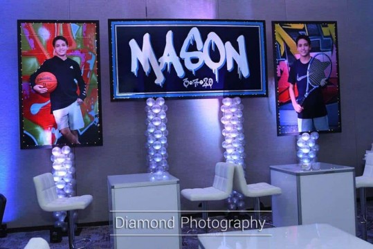 Graffiti Themed Bar Mitzvah Backdrop with Sports Themed Blowup Photos