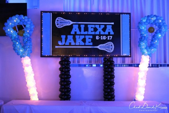 Lacrosse Themed B'nai Mitzvah Backdrop with Lacrosse Sticks Balloon Sculptures