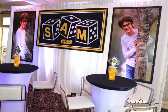 Board Games Themed Bar Mitzvah Backdrop with Custom Logo & Blowup Photos