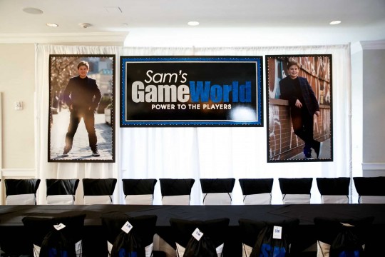 Custom Logo Backdrop with Blowup Photos for Video Game Themed Bar Mitzvah