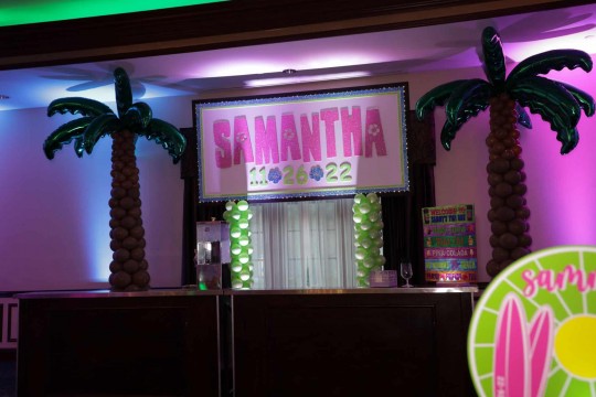 Custom Glittered Name Backdrop with Balloon Palm Trees for Beach Themed Bat Mitzvah