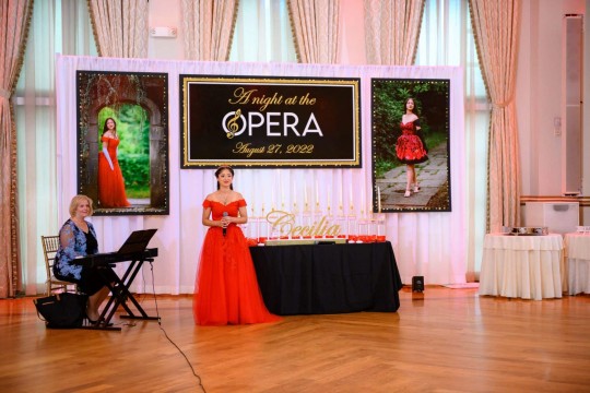 Opera Themed Backdrop with Blowup Photos for Sweet Sixteen at The Tides Estate