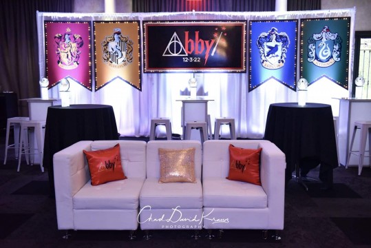 Custom Logo Backdrop with Blowup House Flags for Harry Potter Themed Bat Mitzvah at Mulinos at Lake Isle