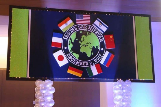 Travel Themed Bar Mitzvah Backdrop with Custom Logo & Country Flags