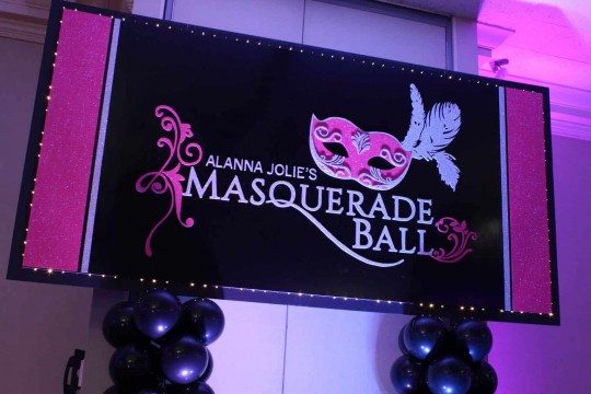 Masquerade Themed Bat Mitzvah Backdrop with Custom Logo & Lights