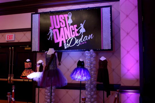 Dance Themed Bat Mitzvah Backdrop with Dance Costume Mannequins Display
