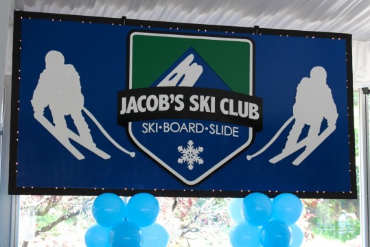 Ski Themed Bat Mitzvah Backdrop with Custom Logo & Sparkly Ski Silhouettes