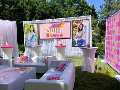 Logo Backdrop with Blowup Photos for Outdoor Bat Mitzvah Lounge