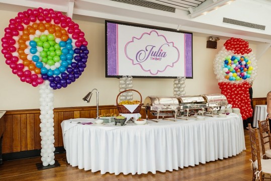 Candy Themed Bat Mitzvah Backdrop with Whirly Pop & Gumball Machine Balloon Sculptures
