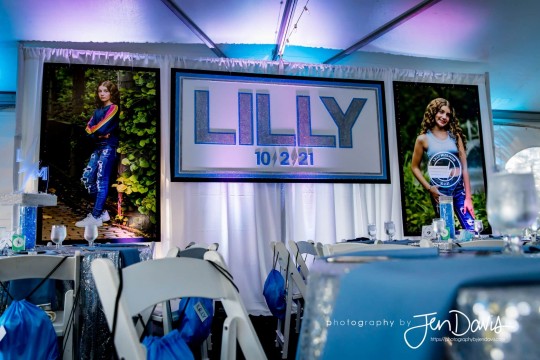 Custom Mounted LED Blow Up Pictures and Backdrop with Name and Date for Tent Bat Mitzvah Decor