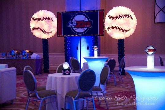 Baseball Themed Backdrop with Baseball Balloon Sculptures & LED Lighting