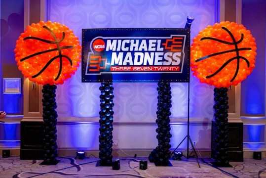 Basketball Themed Bar Mitzvah Backdrop with Custom Logo & Basketball Balloon Sculptures