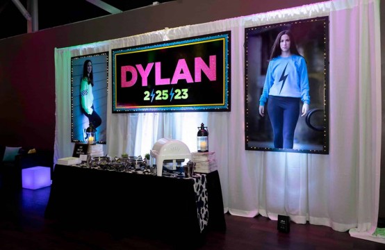 Glitter Name Backdrop with Blow Up photos on LED Curtain at Club Vibe, NJ