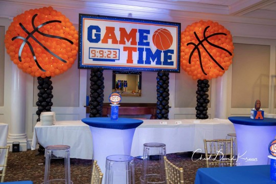 Custom Basketball Themed Backdrop with Basketball Balloon Sculptures & Lights