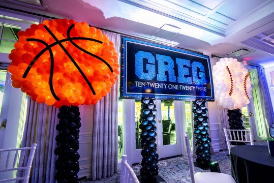 Bar Mitzvah Name Sign with Basketball & Baseball Balloon Sculptures with Lights at Preakness Hills Country Club