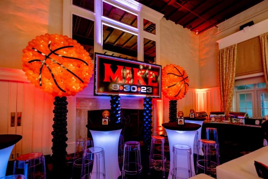 Basketball Themed Backdrop with Basketball Balloon Sculptures and Lights at Plainfield Country Club