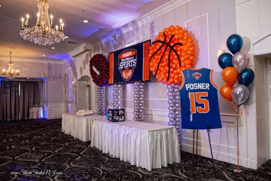ESPN Themed Bar Mitzvah with Custom Logo Sign & Basketball & Football Balloon Sculptures