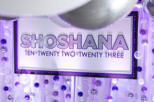 Purple & Silver Glitter Name Sign with Lights & Bubble wall