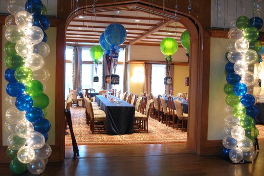 Lime Green & Royal Blue Balloon Columns with Lights by Entrance