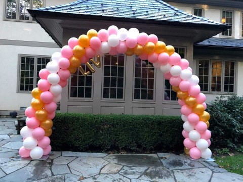 Pink & Gold Balloon Arch with Name for Outdoor Bat Mitzvah