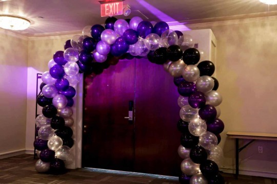 Purple, Silver & Black Balloon Arch over Doorway with Lights